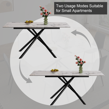 Modern 59-inch Expandable Dining Table with Retractable Leaf, Charred Stone Top & Black Carbon Steel X-Base, 4-8 Person Set with 8 Gray PU Chairs for Small Apartments, Kitchen - sold by Home Elegance USA