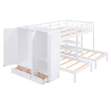 Full-Over-Twin-Twin Bunk Bed with Shelves, Wardrobe and Mirror, White - Home Elegance USA