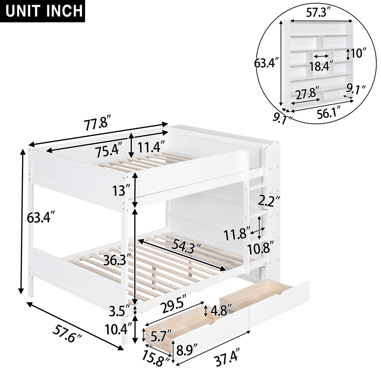 Full over Full Bunk Bed With 2 Drawers and Multi-layer Cabinet, White - Home Elegance USA