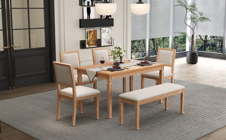 TREXM Vintage Extendable Dining Table Set for 6 with 4 Chairs & Bench, 59 to 72-Inch Rustic Farmhouse Kitchen Table Set with Distressed Finish and Retro Carved Legs (Natural Wood Wash) - sold by Home Elegance USA