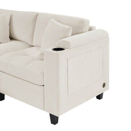Modern U-shaped Sectional Sofa 115.7' with Built-in Cup Holders, Storage, USB Ports in Beige Chenille Fabric - sold by Home Elegance USA