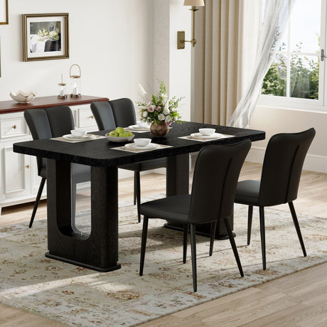 Table and chair set. 64.5 x 35.4 Inch Stylish Black Wood Color Textured Dining Table.Paired with 4 Black PU chairs with a vertical stripe design on the backrest and black metal legs. - sold by Home Elegance USA