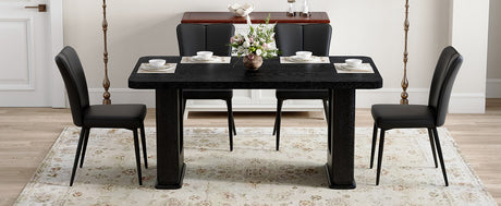 Table and chair set. 64.5 x 35.4 Inch Stylish Black Wood Color Textured Dining Table.Paired with 4 Black PU chairs with a vertical stripe design on the backrest and black metal legs. - sold by Home Elegance USA