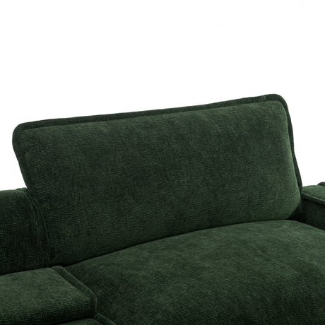 Chenille Upholstered 111' Sectional Sofa with Two Removable Ottomans, USB Ports, Cup Holders, and Storage, Green - sold by Home Elegance USA