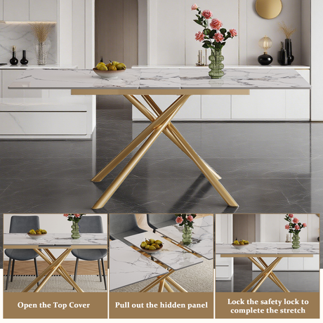 Modern 59-inch Expandable Dining Table with Retractable Leaf, Charred Stone Top & Golden Carbon Steel X-Base, 4-8 Person Set with 8 Gray PU Chairs for Small Apartments, Kitchen - sold by Home Elegance USA