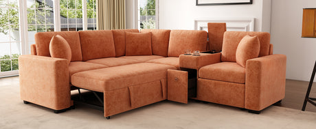 120.5' L-shaped Convertible Sofa Bed Modular Sectional Sofa Reversible Sleeper with Pull-Out Bed, Cup Holders, and Ample Storage Space for Living Room(Old SKU:N719S001940G), Orange - sold by Home Elegance USA