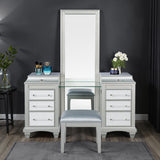 Glam Style Vanity w/ Stool Set Acrylic Handles Felt Lined Top Drawers Ball Bearing Glides Power Outlet LED On Mirror Gray Finish Bedroom Furniture