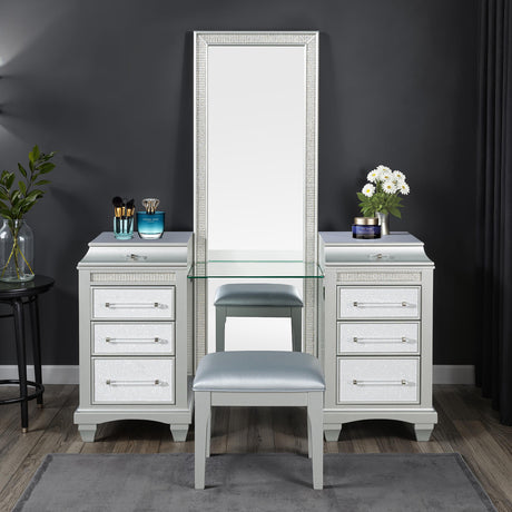 Glam Style Vanity w/ Stool Set Acrylic Handles Felt Lined Top Drawers Ball Bearing Glides Power Outlet LED On Mirror Gray Finish Bedroom Furniture