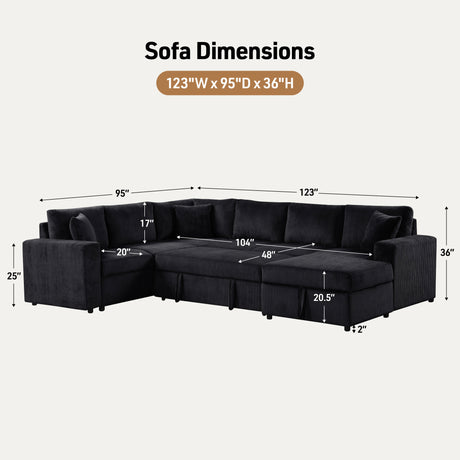 Ruxley 123'W Black Corduroy Sleeper Sectional Sofa with Right-Facing Storage Chaise and Throw Pillows - sold by Home Elegance USA