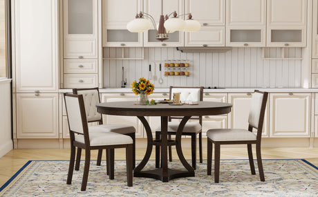 TREXM 5-Piece Retro Functional Dining Table Set Extendable Round Table and 4 Upholstered Chairs for Dining Room and Living Room (Espresso) - sold by Home Elegance USA