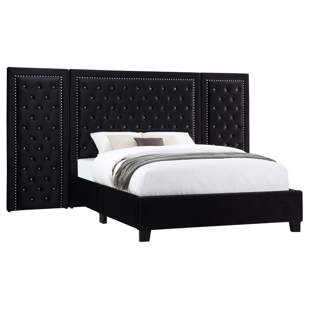 Eastern King Bed W/ Wing Panel - Hailey Upholstered Eastern King Wall Panel Bed Black