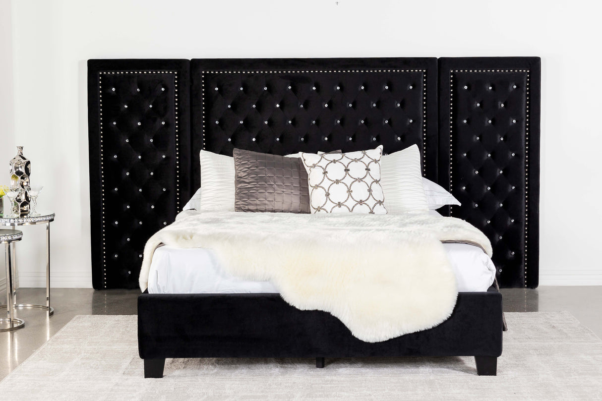 Eastern King Bed W/ Wing Panel - Hailey Upholstered Eastern King Wall Panel Bed Black