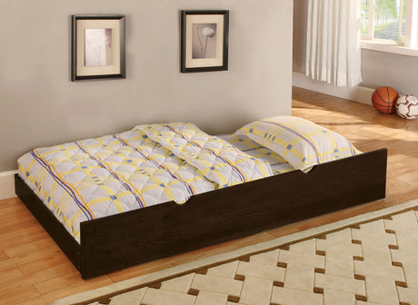 Twin Over Twin Transitional Style Bunk Bed Dark Walnut Finish Attached Ladder Rails And Lock Joint Structure Trundle-Included Espresso Finish - sold by Home Elegance USA