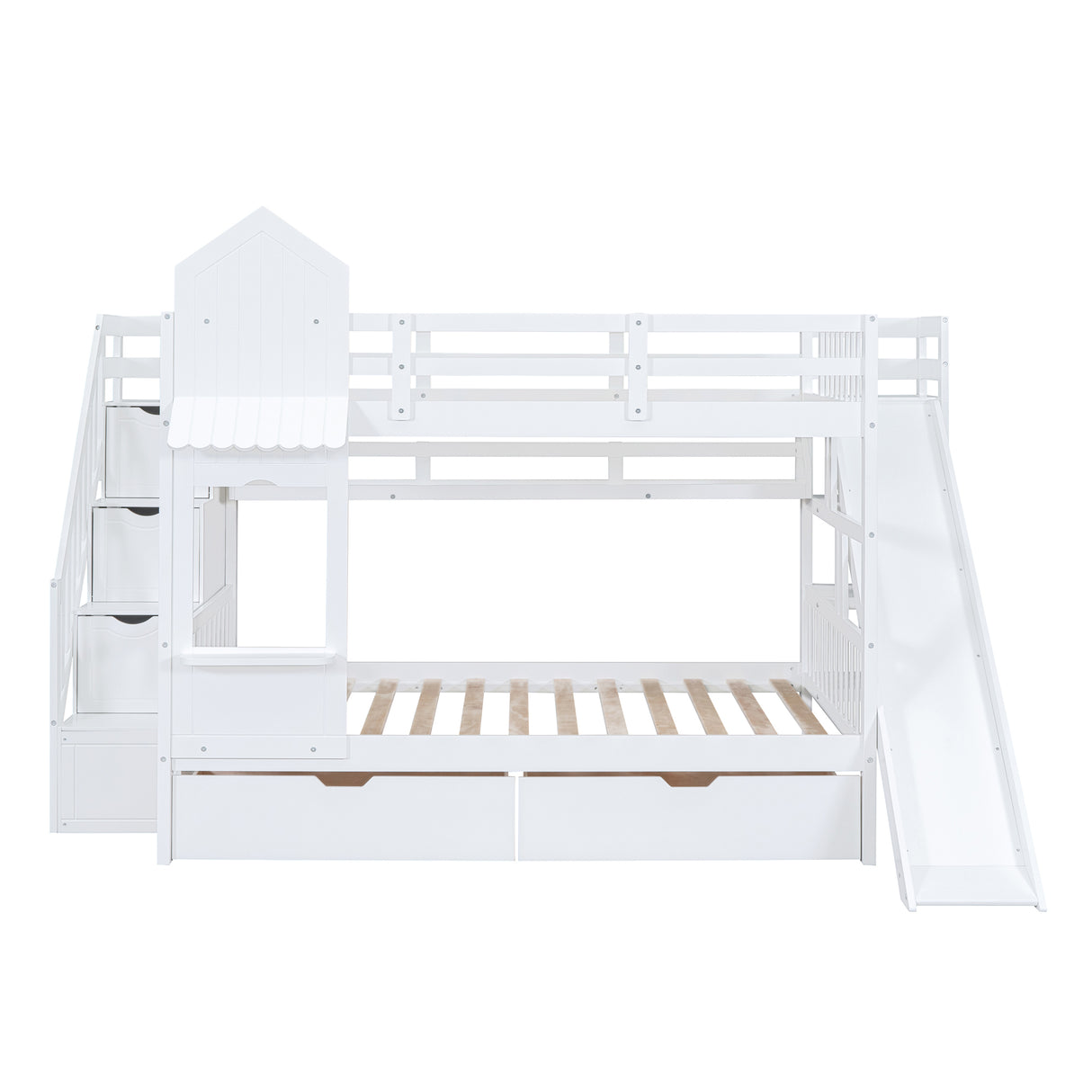 Full-Over-Full Castle Style Bunk Bed with 2 Drawers 3 Shelves and Slide - White(OLD SKU:LT000558AAK-2) - sold by Home Elegance USA