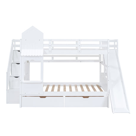 Full-Over-Full Castle Style Bunk Bed with 2 Drawers 3 Shelves and Slide - White - sold by Home Elegance USA