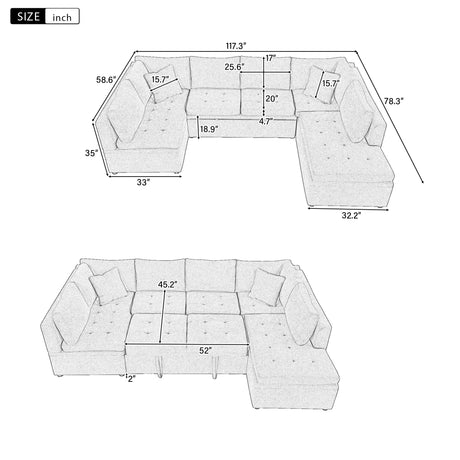 Oversized Sectional Sofa U-shaped Couch Pull-out Sofa Bed with Two Throw Pillows Gray Chenille 117.3' - sold by Home Elegance USA