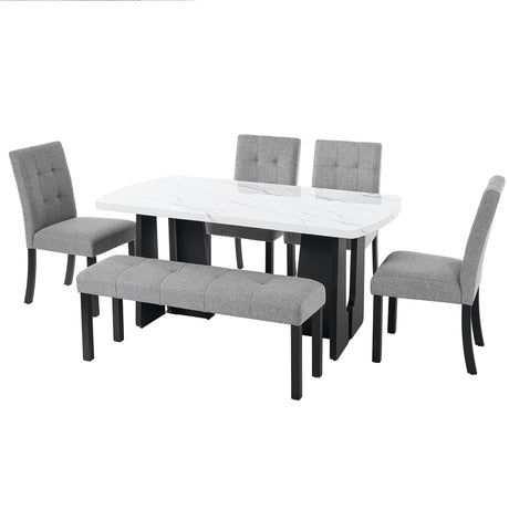 6 Piece Modern Dining Table Set, 63' Faux Marble Dining Table with Geometric Legs & 4 Upholstered Chairs & 1 Bench, Suitable for Dining Kitchen Room,Easy to Assemble, White+Gray - sold by Home Elegance USA