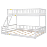 White Twin XL over Queen Bunk Bed with Ladder and Guardrails, Pine Wood+MDF, 84.7''L x 63.7''W x 58.3''H