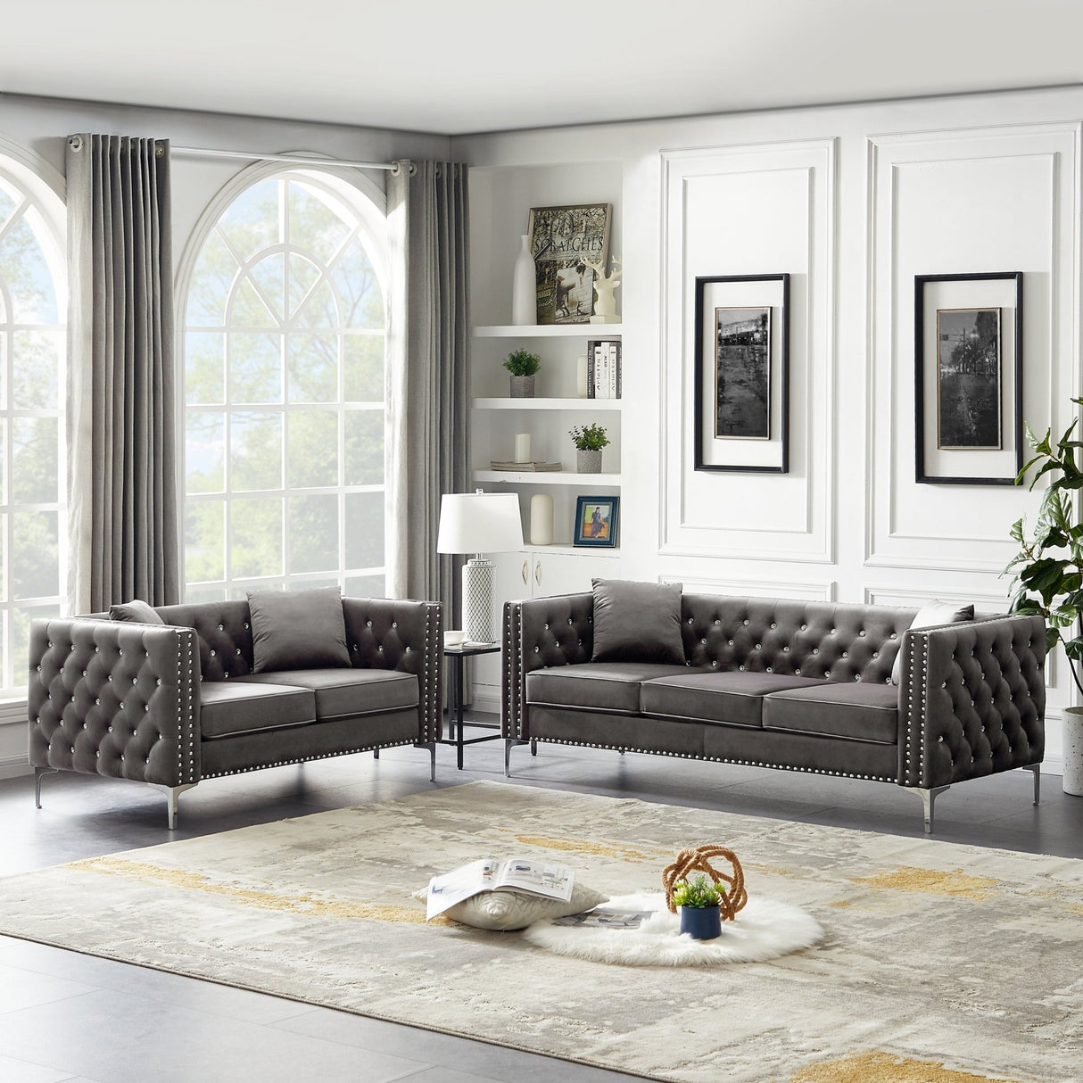 59.4 Inch Wide Grey Velvet Sofa with Jeweled buttons,Square Arm ,2 Pillow | Home Elegance USA