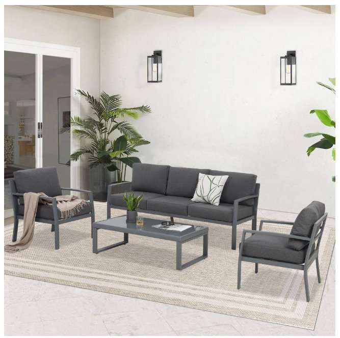 4-Pieces Deap Seating Patio Set, All-Weather Aluminum with Dark Gray Cushions