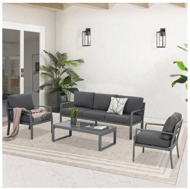 4-Pieces Deap Seating Patio Set, All-Weather Aluminum with Dark Gray Cushions