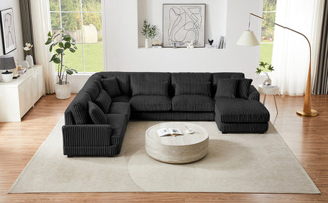 Modern Oversized U-shaped Sectional Sofa with Chaise Lounge Upholstered in Soft Black Corduroy - sold by Home Elegance USA