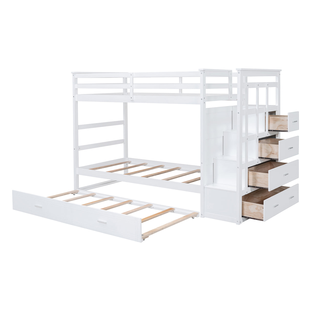 Twin Over Twin Bunk Bed with Trundle and Staircase,White(OLD SKU:LT000068AAK) - Home Elegance USA