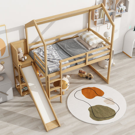 Twin Size Wood House Loft bed with Slide, Storage shelves and Light, Climbing Ramp, Wood Color