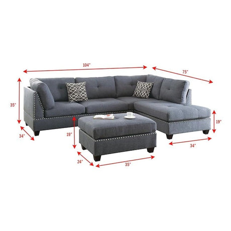 3-pcs Sectional Sofa Blue Grey Polyfiber Cushion Sofa Chaise Ottoman Reversible Couch Pillows - sold by Home Elegance USA