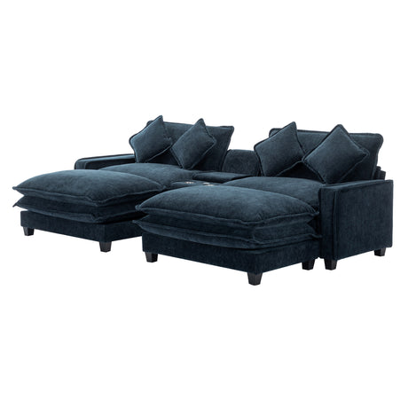 Contemporary Chenille Upholstered Sectional Sofa with Ottomans, USB Ports, Cup Holders & Storage, Blue - sold by Home Elegance USA