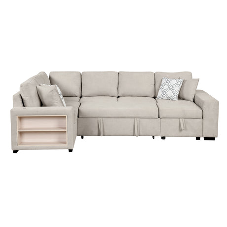 Beige Chenille U-Shaped Sectional Sofa with Pull-out Bed, USB Ports, Storage Chaise & Back Pillows - sold by Home Elegance USA