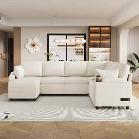 Convertible U-Shaped Sofa Bed with Storage, Cup Holders and Charging Ports, Beige Chenille, 109.9' - sold by Home Elegance USA