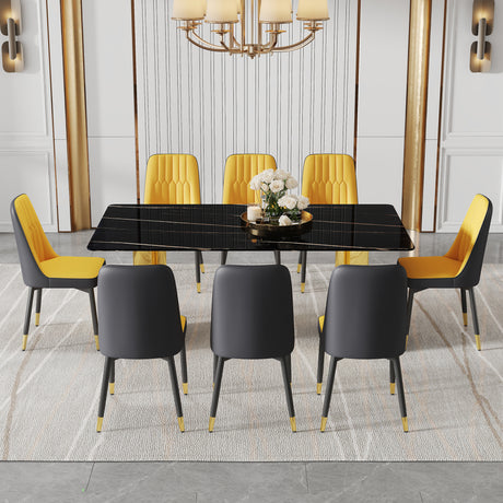 Table and chair set.The table has a glass top with imitation marble pattern stickers and stainless steel golden legs. Paried with 8 Orange and Dark Gray Spliced Color PU Dining Chairs. - sold by Home Elegance USA