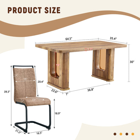 Table and chair set.64.5 x 35.4 Inch Stylish Wood Color Textured Dining Table.Perfectly Blending Simplicity And Transparency.Paried With 4 Brown technology fabric chairs with arched black legs. - sold by Home Elegance USA