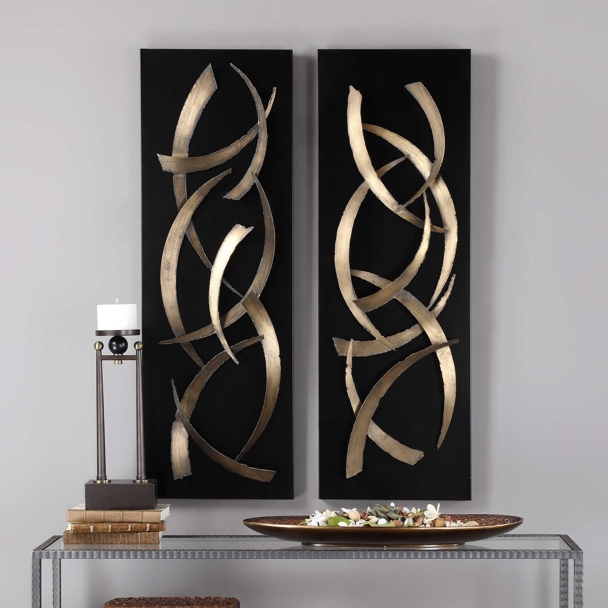 Brushstrokes Metal Wall Art (Set of 2) - Black / Yellow by Uttermost - View 2