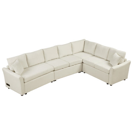 L-shaped Convertible Sofa Bed with USB Ports and Power Sockets, Beige Chenille Fabric, 124.8' Length - sold by Home Elegance USA