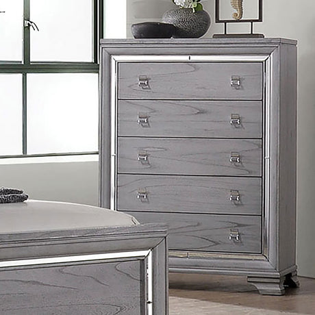 Contemporary Style 1pc Chest Five English Dovetail Drawers Ball Bearing Glides Mirror Trim Light Gray Finish