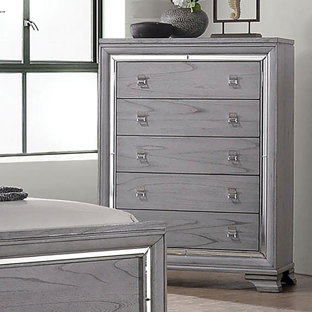 Contemporary Style 1pc Chest Five English Dovetail Drawers Ball Bearing Glides Mirror Trim Light Gray Finish