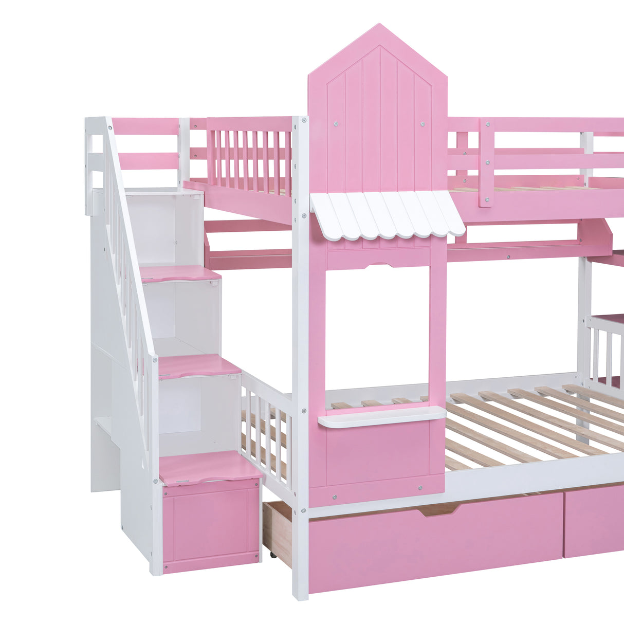 Full-Over-Full Castle Style Bunk Bed with 2 Drawers 3 Shelves and Slide - Pink - Home Elegance USA