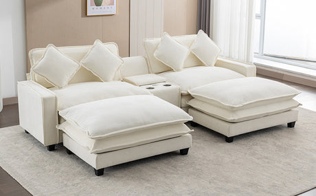 Chenille Upholstered Sectional Sofa with Removable Ottoman, USB Ports, Cup Holders, and Storage, Beige, 111' - sold by Home Elegance USA