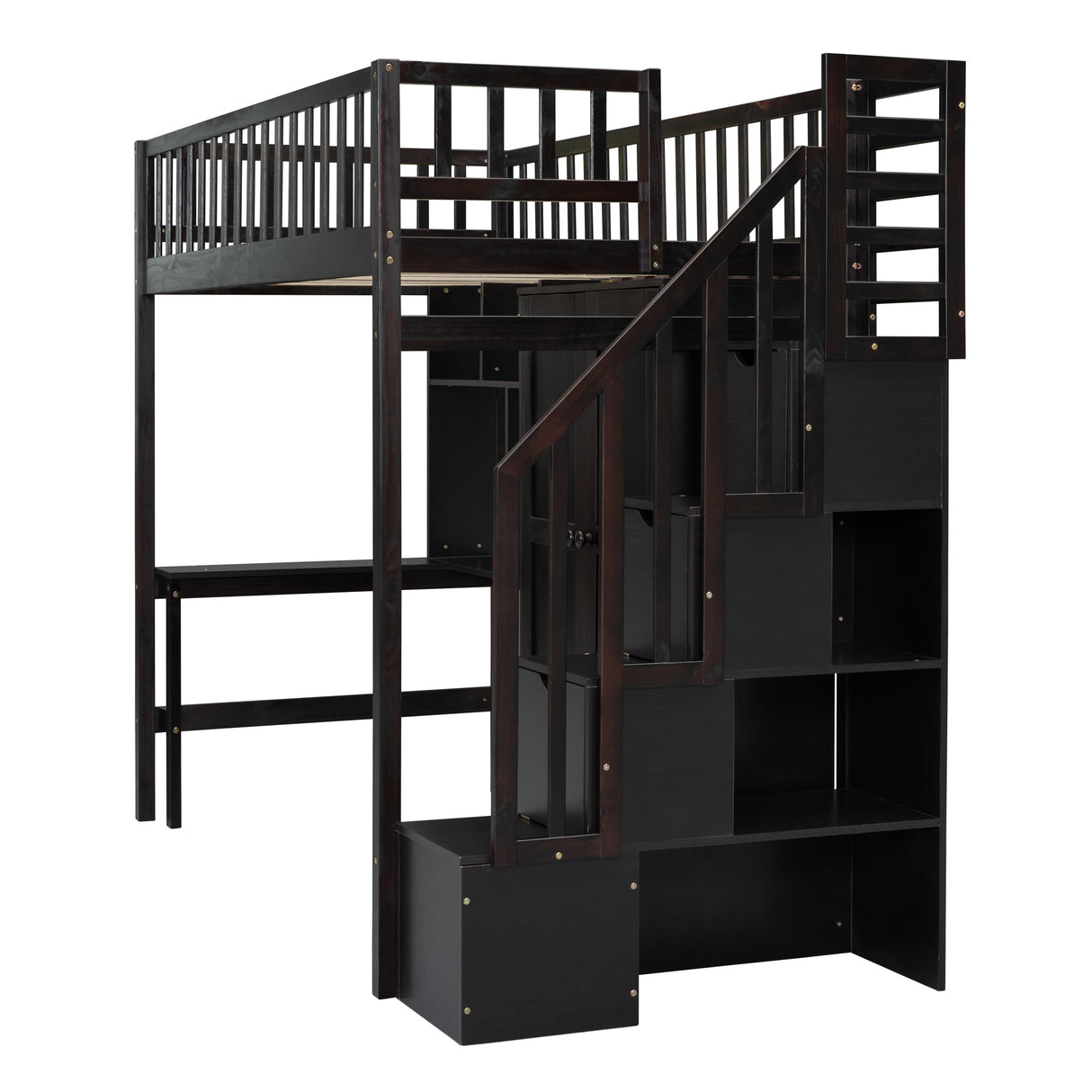 Twin size Loft Bed with Bookshelf,Drawers,Desk,and Wardrobe-Espresso - Home Elegance USA