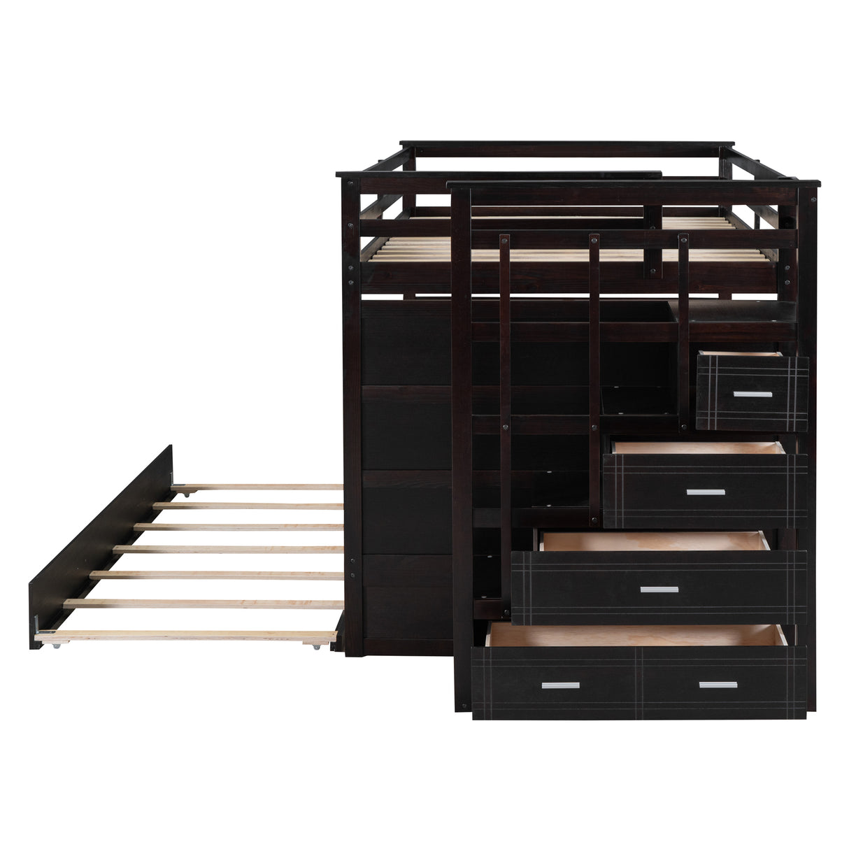 Full Over Full Bunk Bed with Twin Size Trundle and Staircase, Espresso - Home Elegance USA