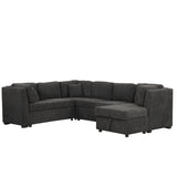 U-shaped Sectional Sofa Pull Out Bed with USB Ports, Power Sockets, Back Pillows & Storage Chaise, Black Chenille, 108.6'