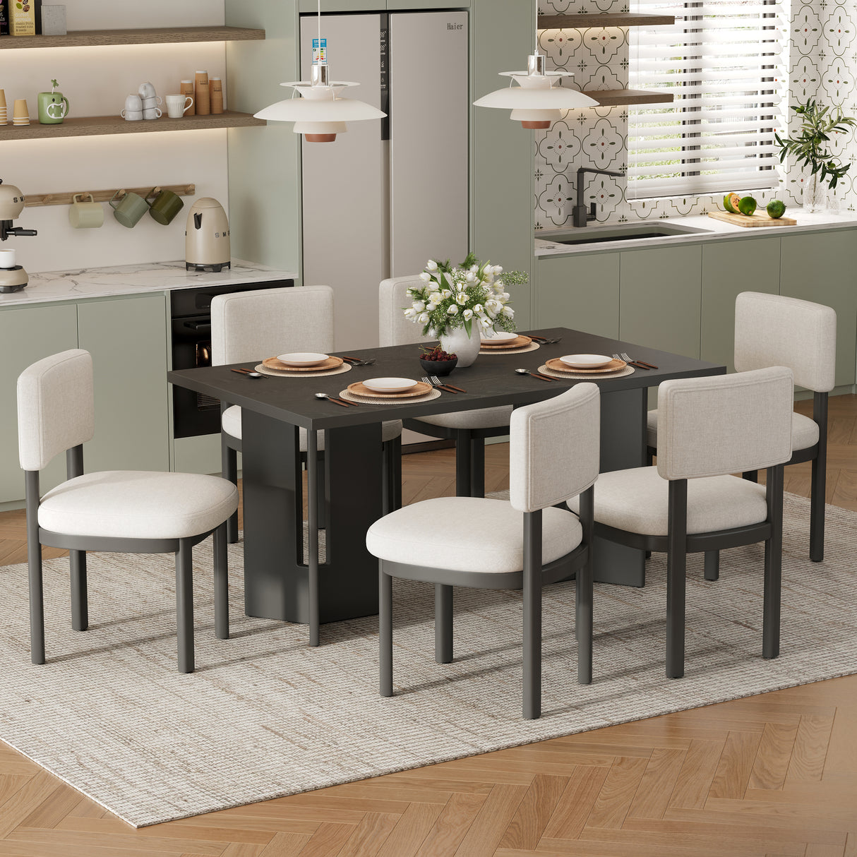 TREXM Farmhouse Wood Dining Table Set for 6 with 6 Upholstered Chairs, 60' Rectangular Dining Table with Cutout Table Legs for Dining Room, Kitchen and Living Room (Gray)