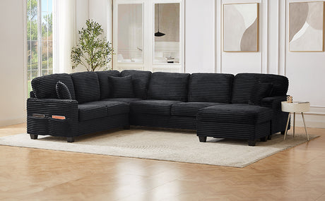 Upholstered U-shaped Sectional Sofa with Movable Ottoman and Side Storage Pockets in Black Corduroy, 125.2 inches - sold by Home Elegance USA
