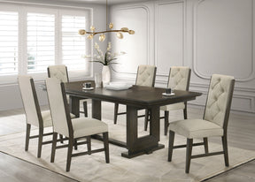 7pc Rectangular Extendable 18' Leaf Dining Table Trestle / Pedestal Base Beige Fabric Upholstered Button Tufted Chairs Wooden Dining Room Furniture Contemporary Modern Espresso Dark Brown Finish - sold by Home Elegance USA