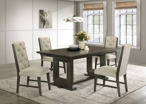 5pc Rectangular Extendable 18' Leaf Dining Table Trestle / Pedestal Base Beige Fabric Upholstered Button Tufted Chairs Wooden Dining Room Furniture Contemporary Modern Espresso Dark Brown Finish - sold by Home Elegance USA