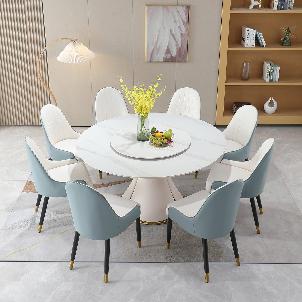 59.05'Modern artificial  stone dining table with 31.5' round turntable with wood and metal exquisite pedestal with 8 pcs Chairs .