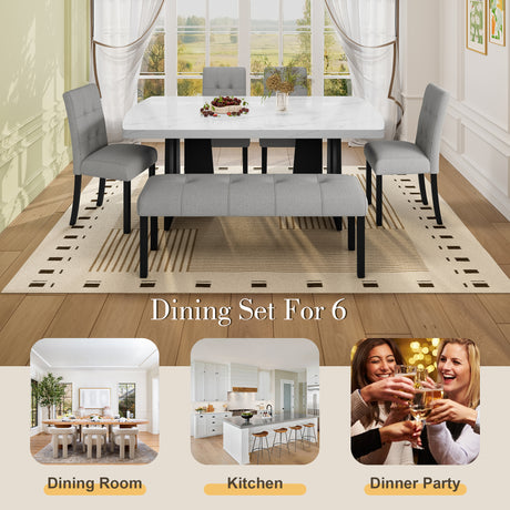 6 Piece Modern Dining Table Set, 63' Faux Marble Dining Table with Geometric Legs & 4 Upholstered Chairs & 1 Bench, Suitable for Dining Kitchen Room,Easy to Assemble, White+Gray - sold by Home Elegance USA