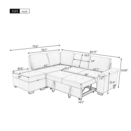 Sleeper Sectional Sofa, L-Shape Corner Couch Sofa-Bed with Storage Ottoman & Hidden Arm Storage & USB Charge  for Living Room Apartment, Gray - sold by Home Elegance USA